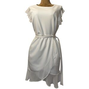 Shelby & Palmer White Ruffle sleeve, Faux Wrap Dress, tie waist, sz 14